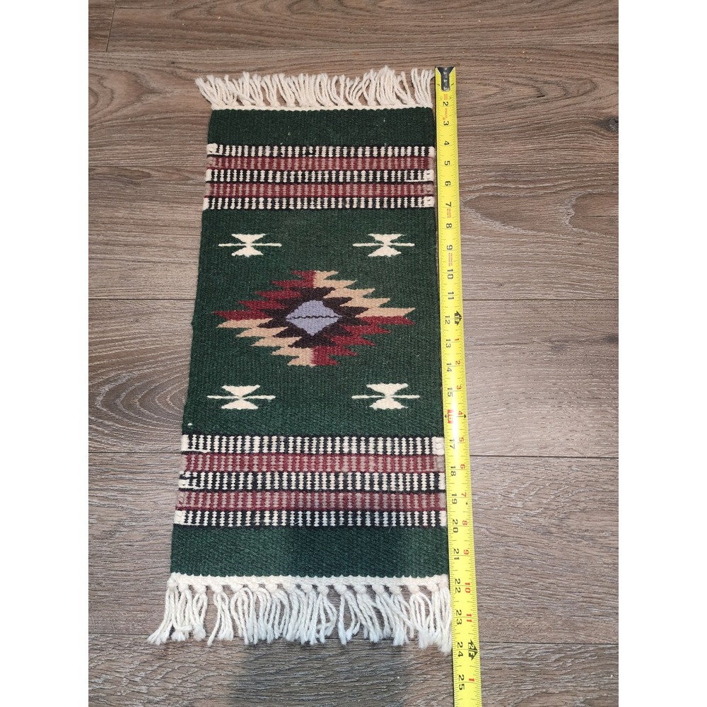 Vintage 50s Southwestern Wool Rug Placemat Handwoven Green Geometric 10x24